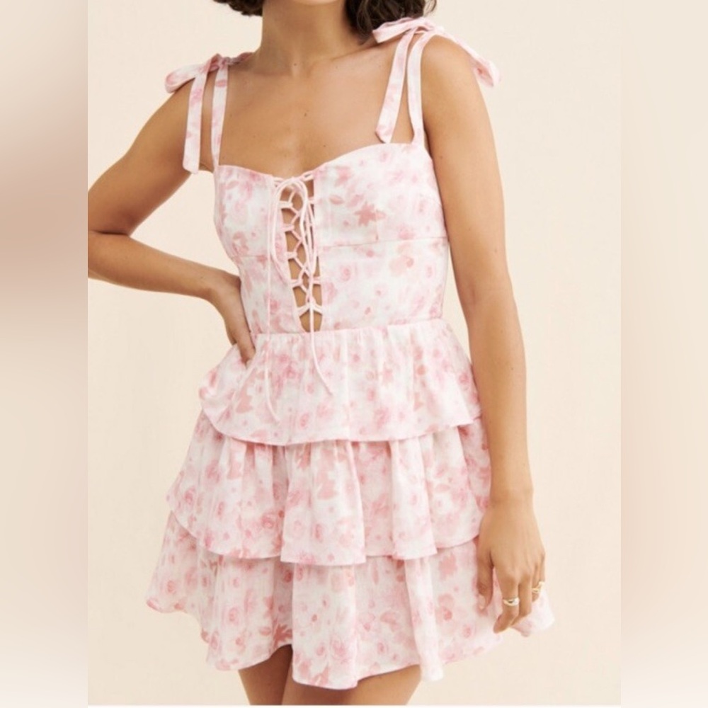 BARDOT Laurie Linen Mini Dress Corset Floral Pink White Ruffle Size 6